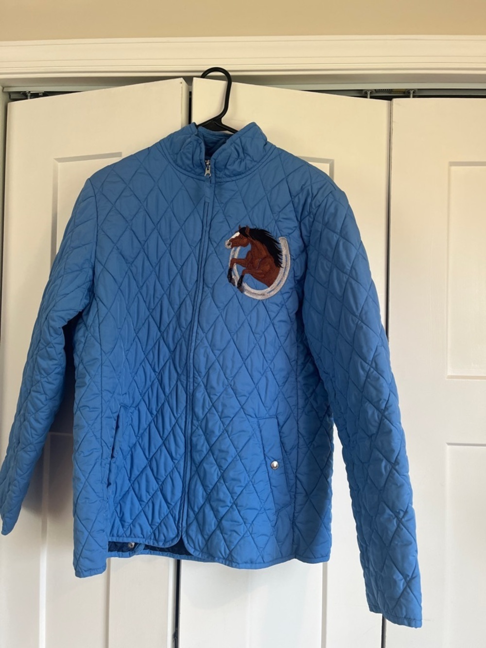 Land’s End Blue Quilted Jacket with Horse  Embroidered Large Equestrian